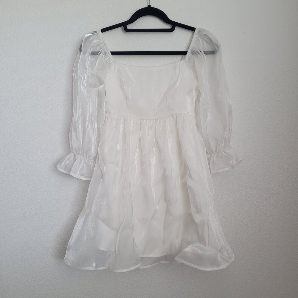 Allison + Kelly White Reflective Sheer Baby Doll Puff Sleeve Dress Size Small